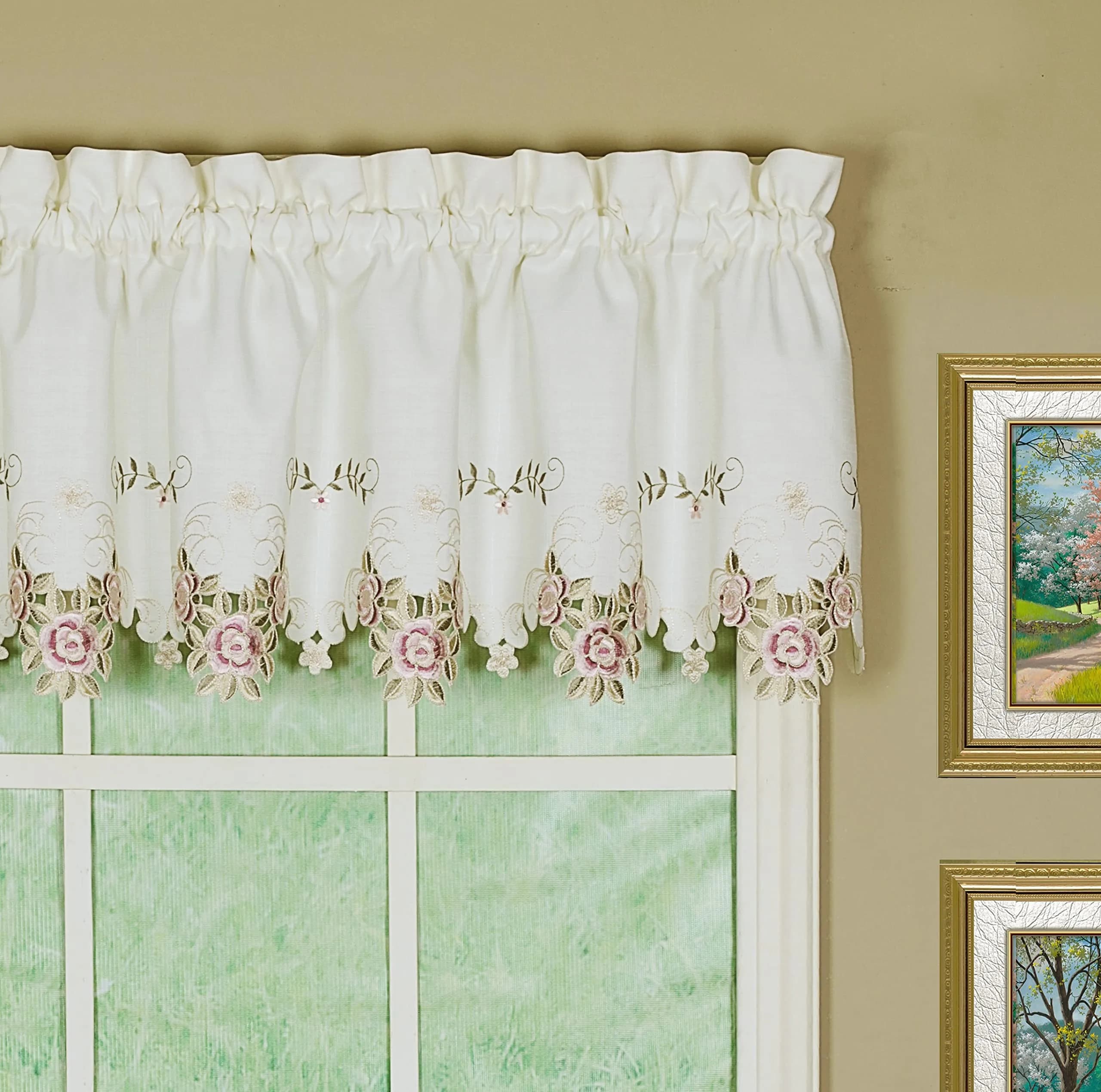 Today's Curtain Verona Reverse Embroidery Valance 156 cm (60"W x 14"L) | Classic Ecru/Rose Window Valance - main product image