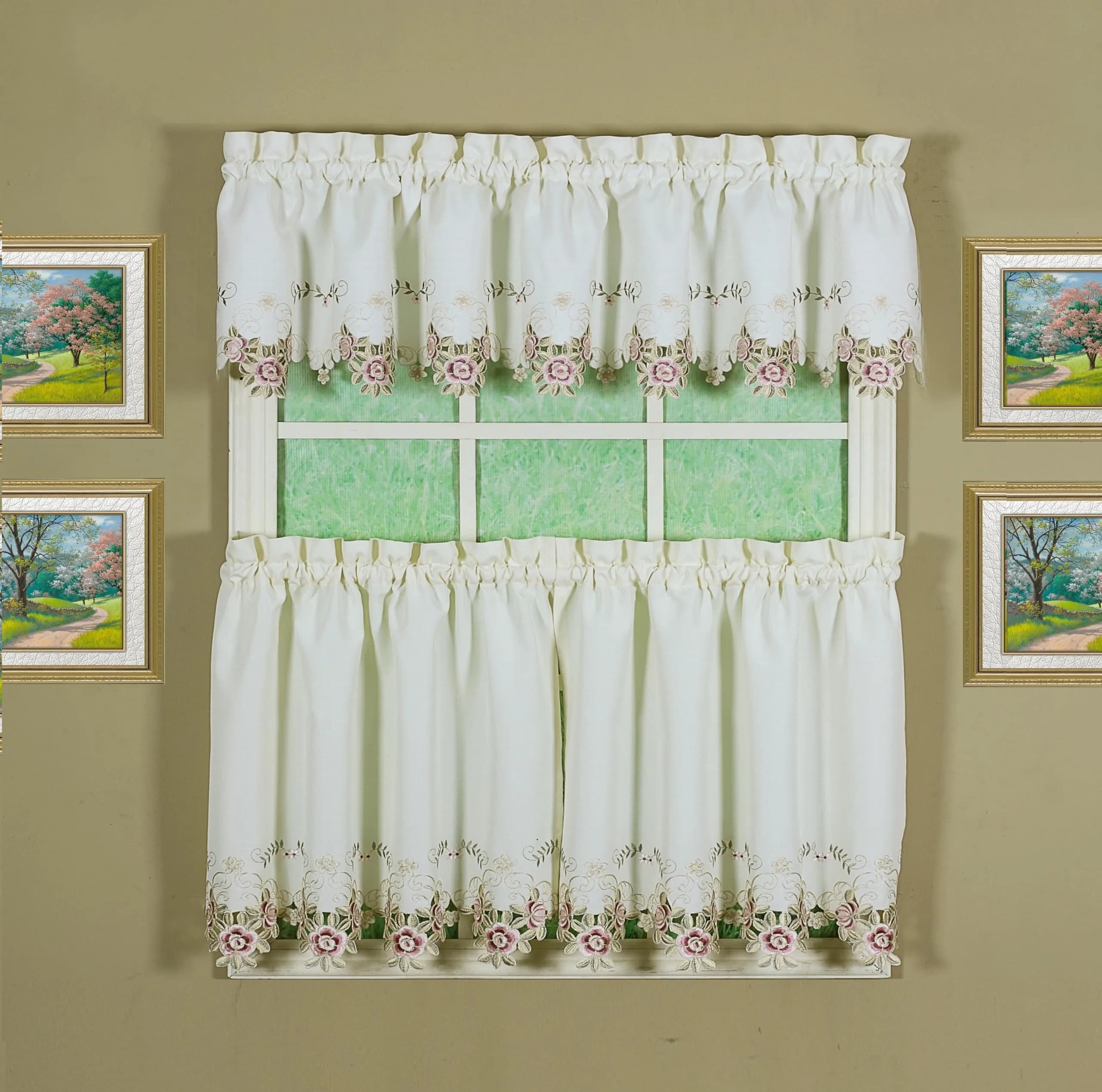 Today's Curtain Verona Reverse Embroidery Valance 156 cm (60"W x 14"L) | Classic Ecru/Rose Window Valance - view 7