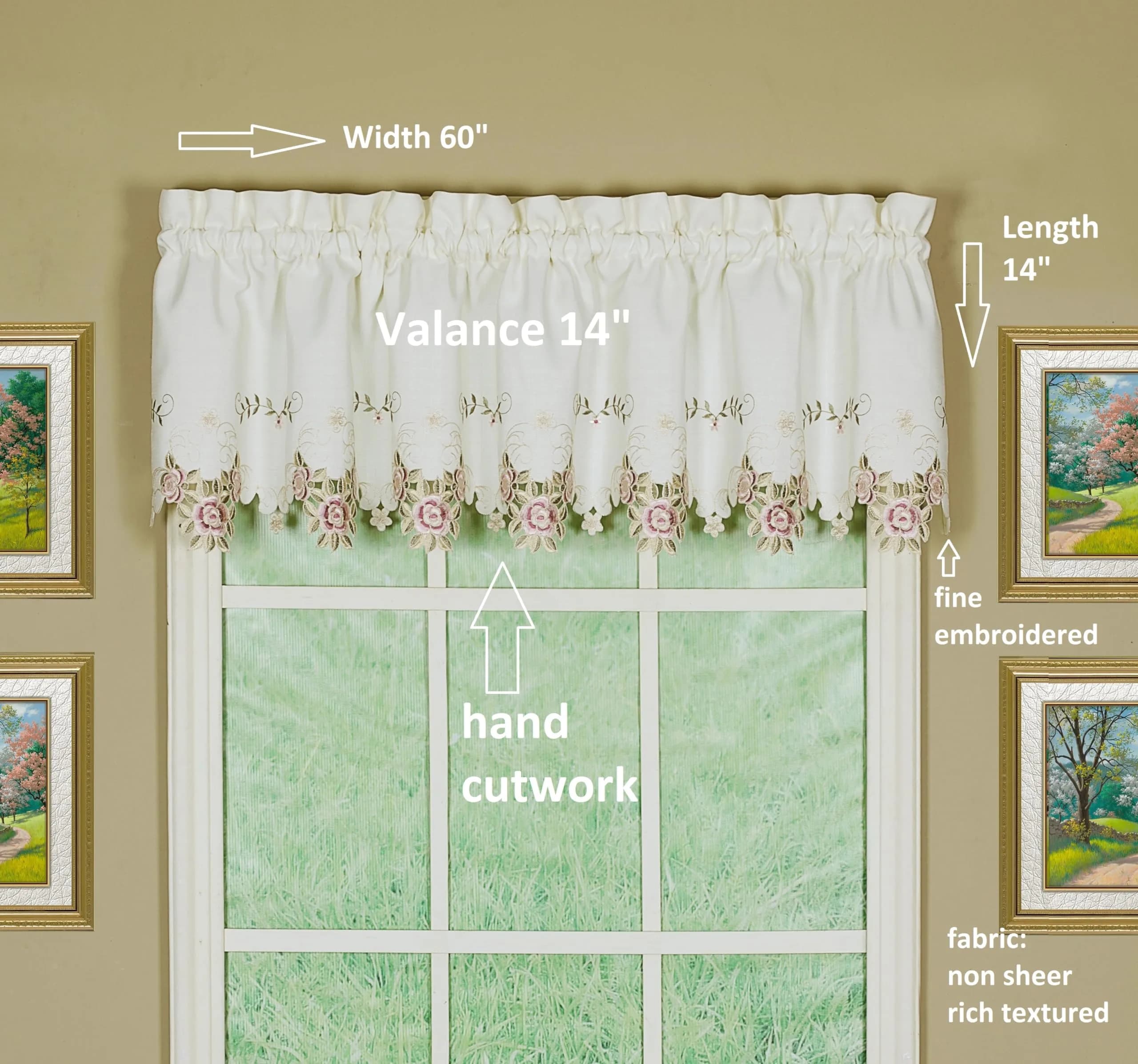 Today's Curtain Verona Reverse Embroidery Valance 156 cm (60"W x 14"L) | Classic Ecru/Rose Window Valance - view 2