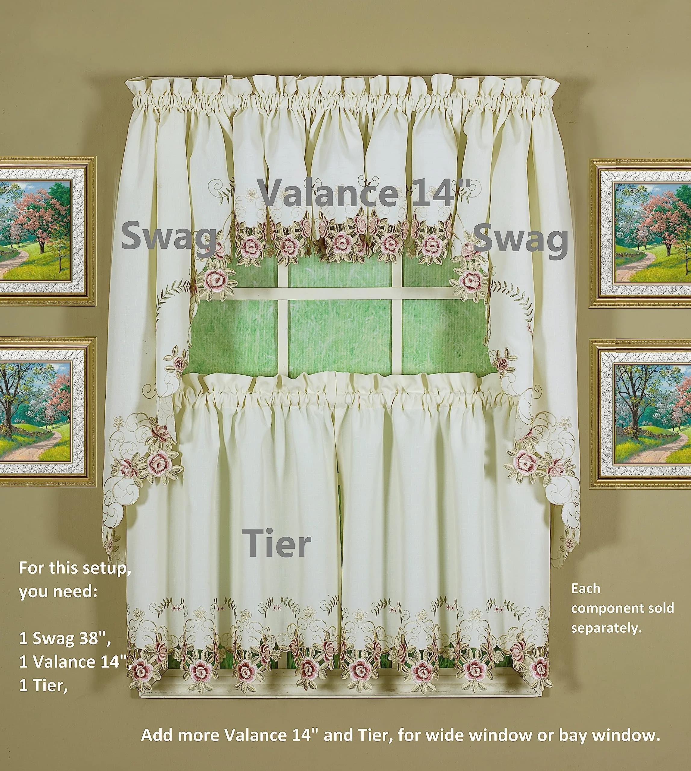 Today's Curtain Verona Reverse Embroidery Valance 156 cm (60"W x 14"L) | Classic Ecru/Rose Window Valance - view 4