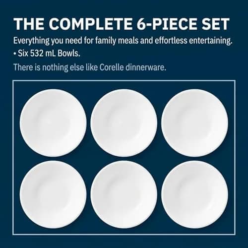 Corelle Vitrelle 6-Piece Soup/Cereal Bowl Set 532ml (18-Oz) | Lightweight & Chip Resistant Glass Bowls thumbnail 5