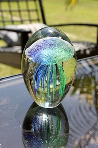 SPI Teal Art Glass Jellyfish 4.5" Glow in The Dark | Handblown Modern Art Decor thumbnail 2