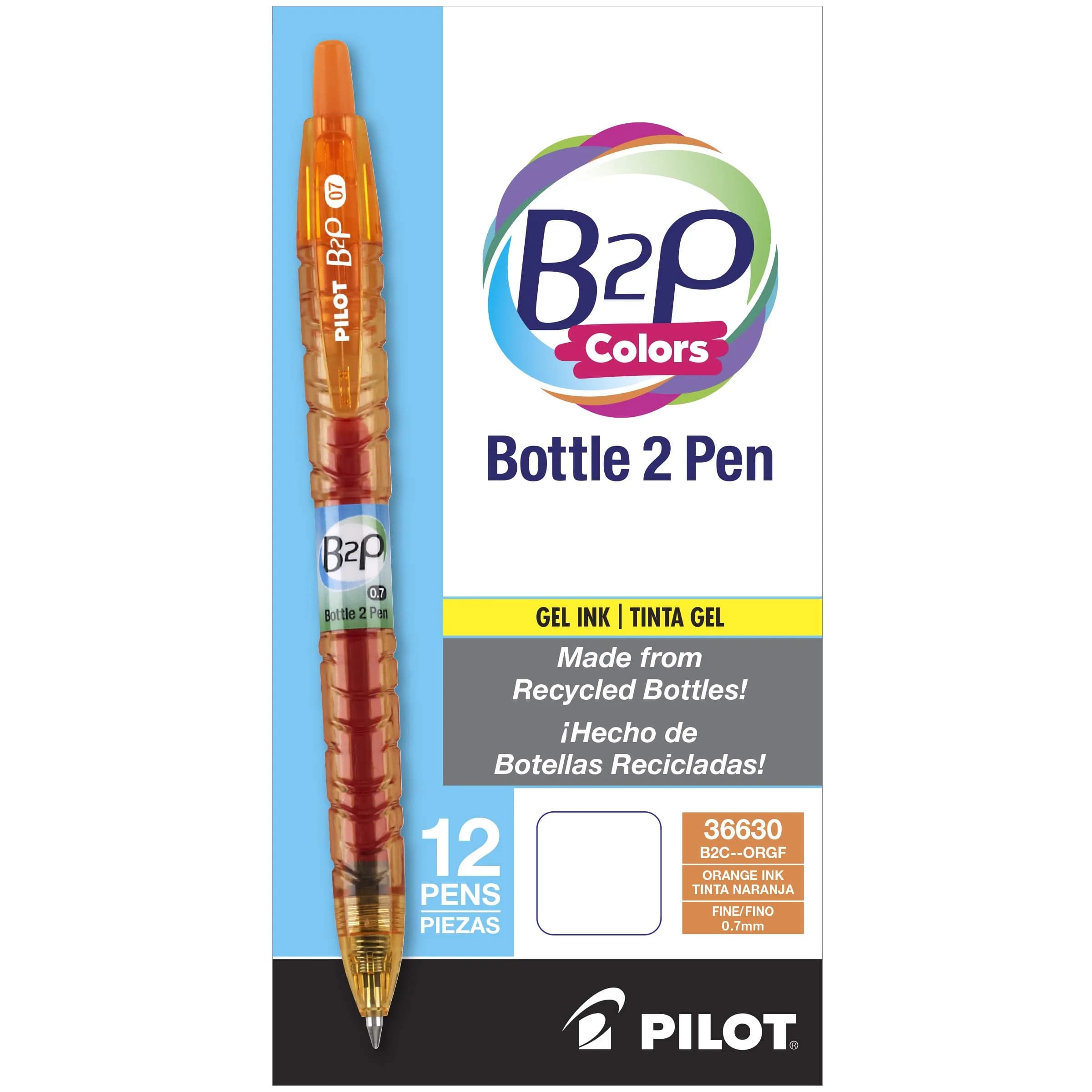 PILOT B2P Colors - Bottle to Pen Refillable & Retractable Gel Pen 12 Pack | Eco-Friendly Water Bottle Made Recycled Plastic
