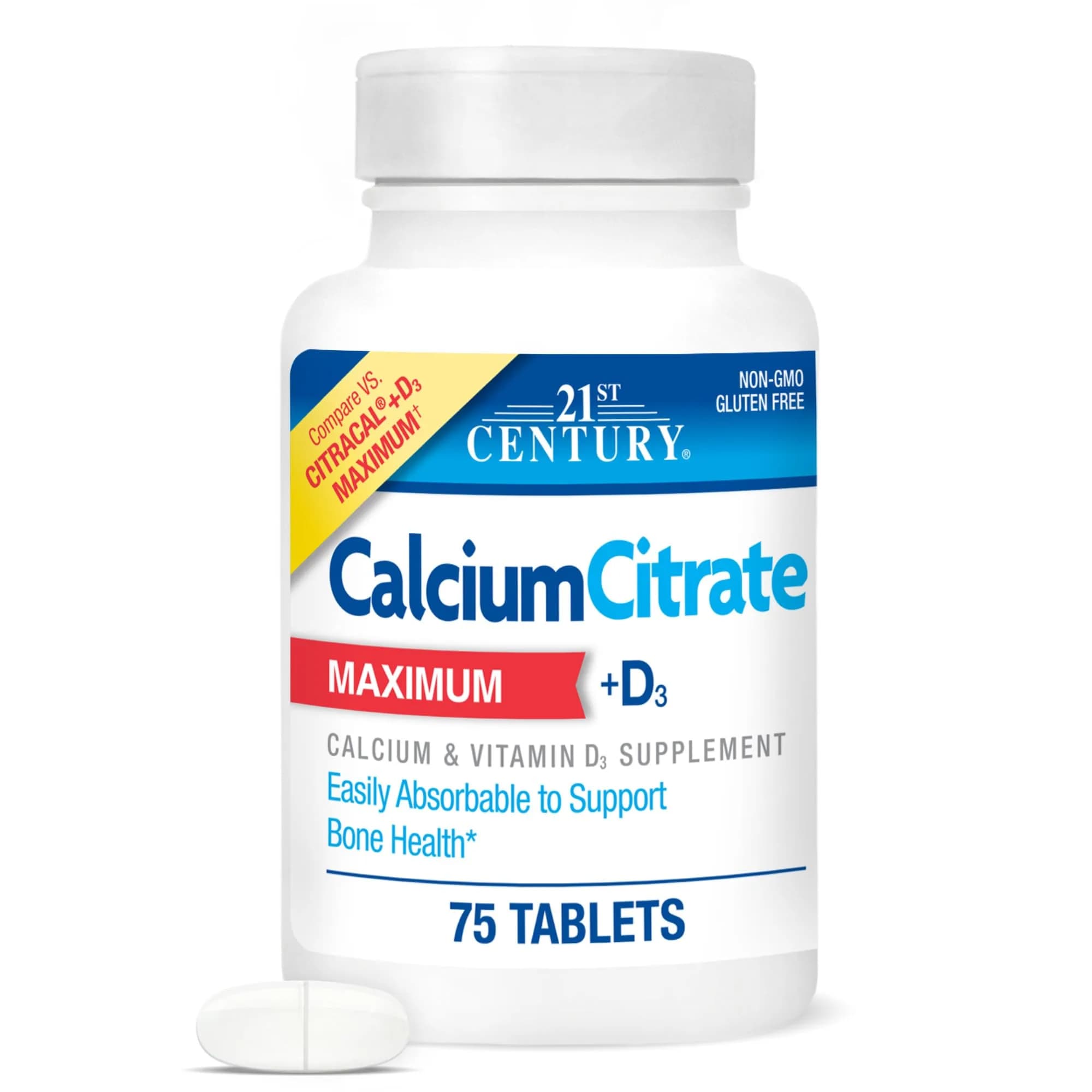 21st Century Calcium Citrate Plus D Maximum Caplets, 75 Count | Bone Health Support with Vitamin D3 - main product image