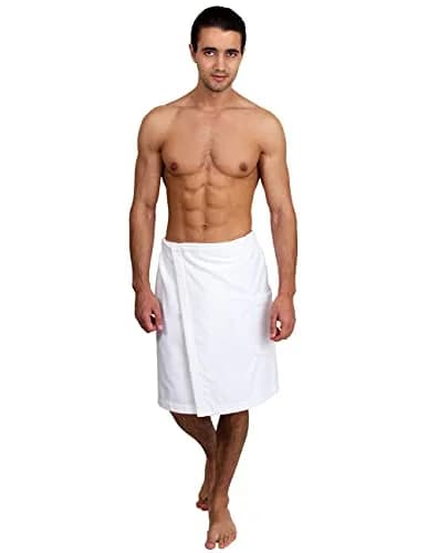 TowelSelections Men's Cotton Shower Wrap | Adjustable Velour Bath Towel for Men Small-Medium White thumbnail 1