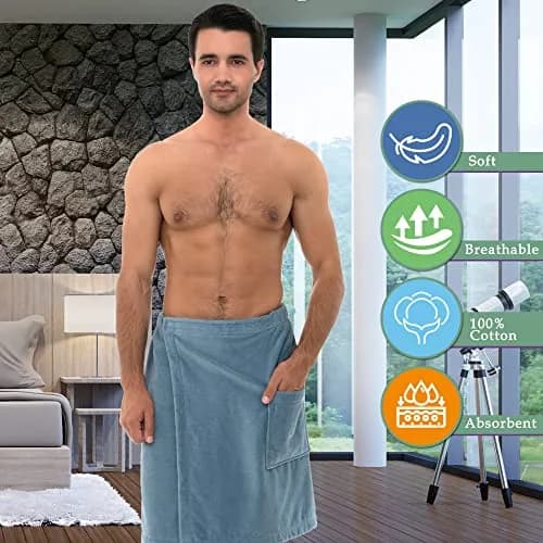 TowelSelections Men's Cotton Shower Wrap | Adjustable Velour Bath Towel for Men Small-Medium White thumbnail 3