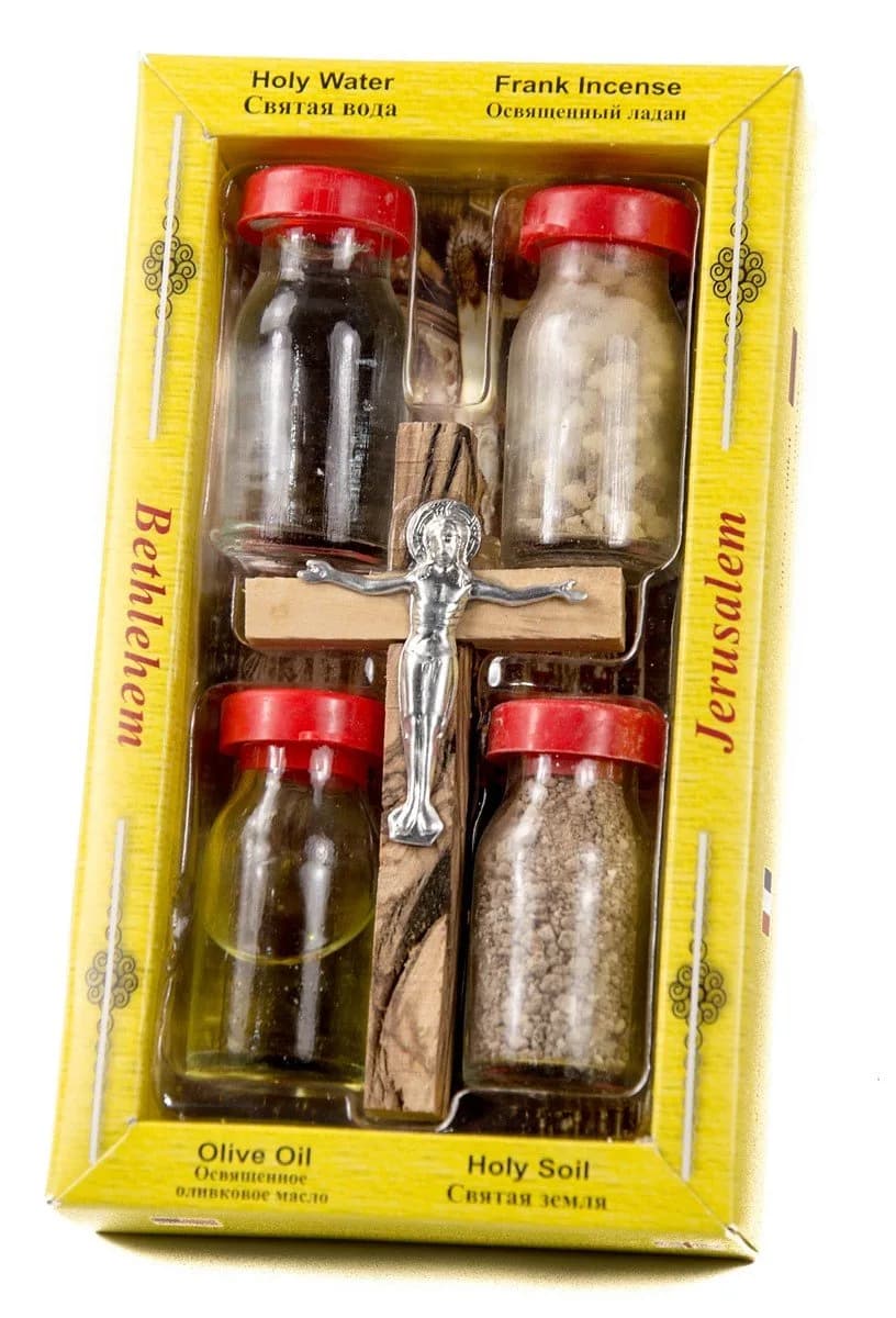 Nazareth Store Blessed Holy Water, Soil, Oil, Incense with Jesus Cross Crucifix (8.38cm x 14.48cm x 8.38cm) | Authentic Holy Land Import - main product image