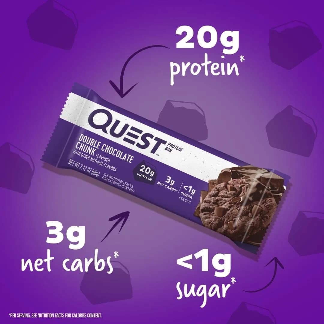 Quest Nutrition Double Chocolate Chunk Protein Bars 60g (2.12oz) | 20g Protein, 3g Net Carbs, Gluten-Free - view 2