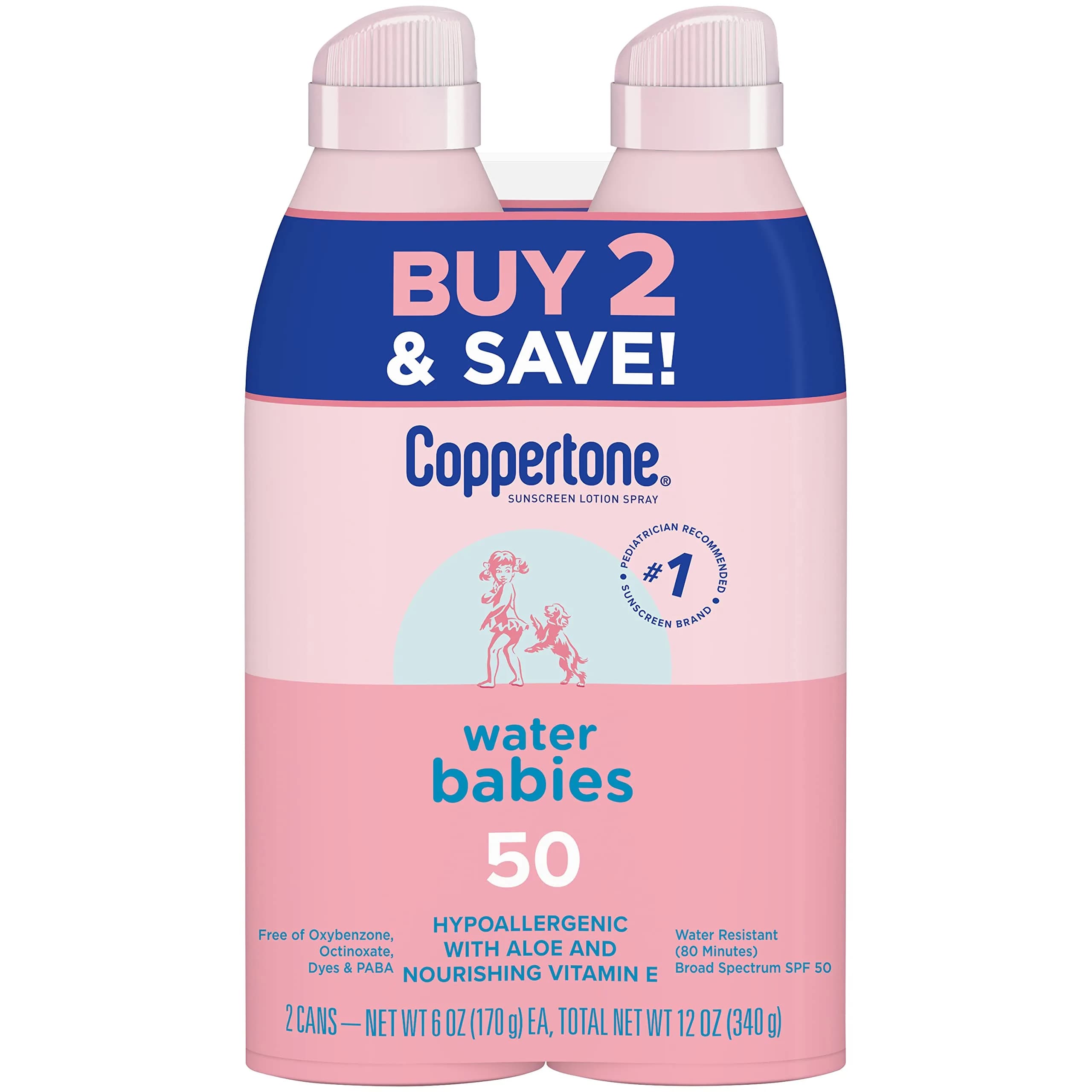 Coppertone WaterBabies SPF 50 Spray Sunscreen 156g (5.5 Oz) Pack of 2 | Hypoallergenic & Water Resistant for Kids - main product image