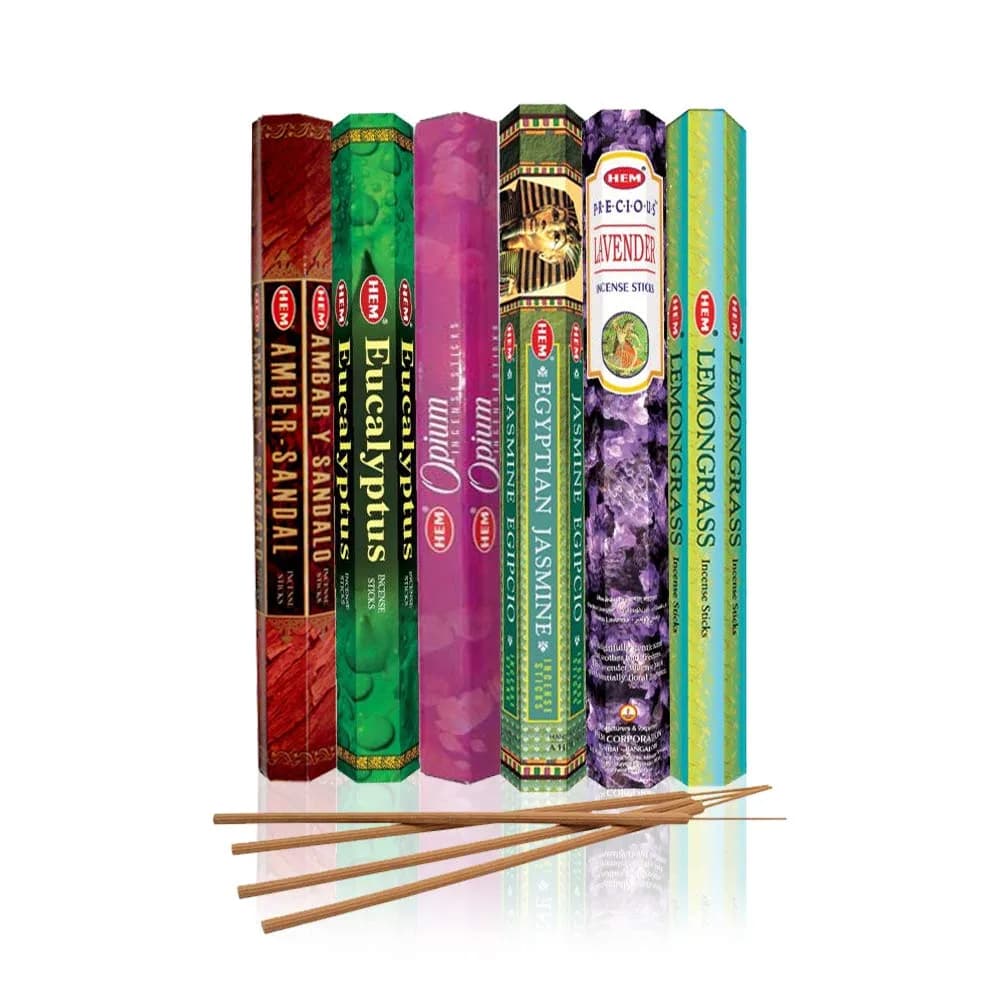 HEM assorted best sellers incense sticks pack of 6 | 120 Sticks, Fragrance - Lemongrass, Lavender, Egyptian Jasmine, Ambar Sandalo, Opium, Eucalyptus