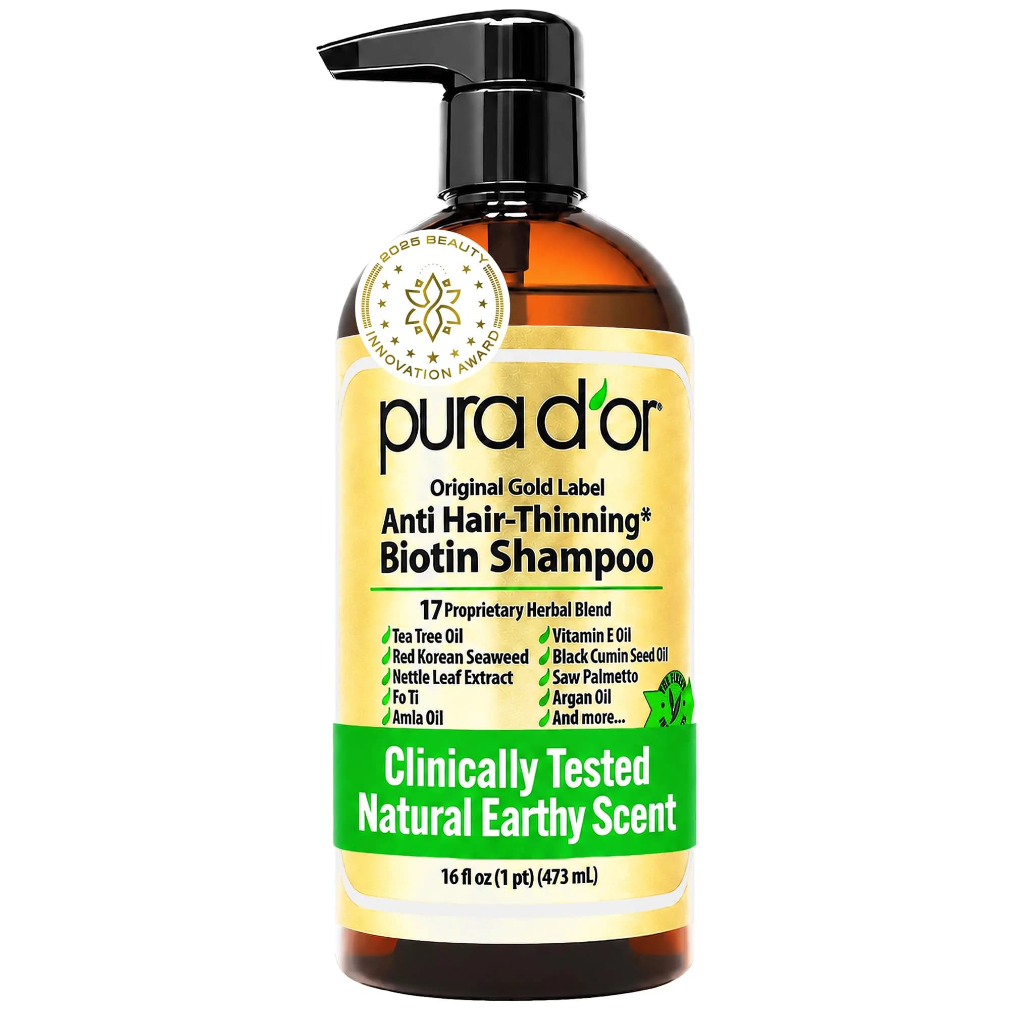 PURA D'OR Original Gold Label Anti-Hair Thinning Biotin Shampoo 473ml (16 Fl Oz) | Clinically Tested Botanical Care