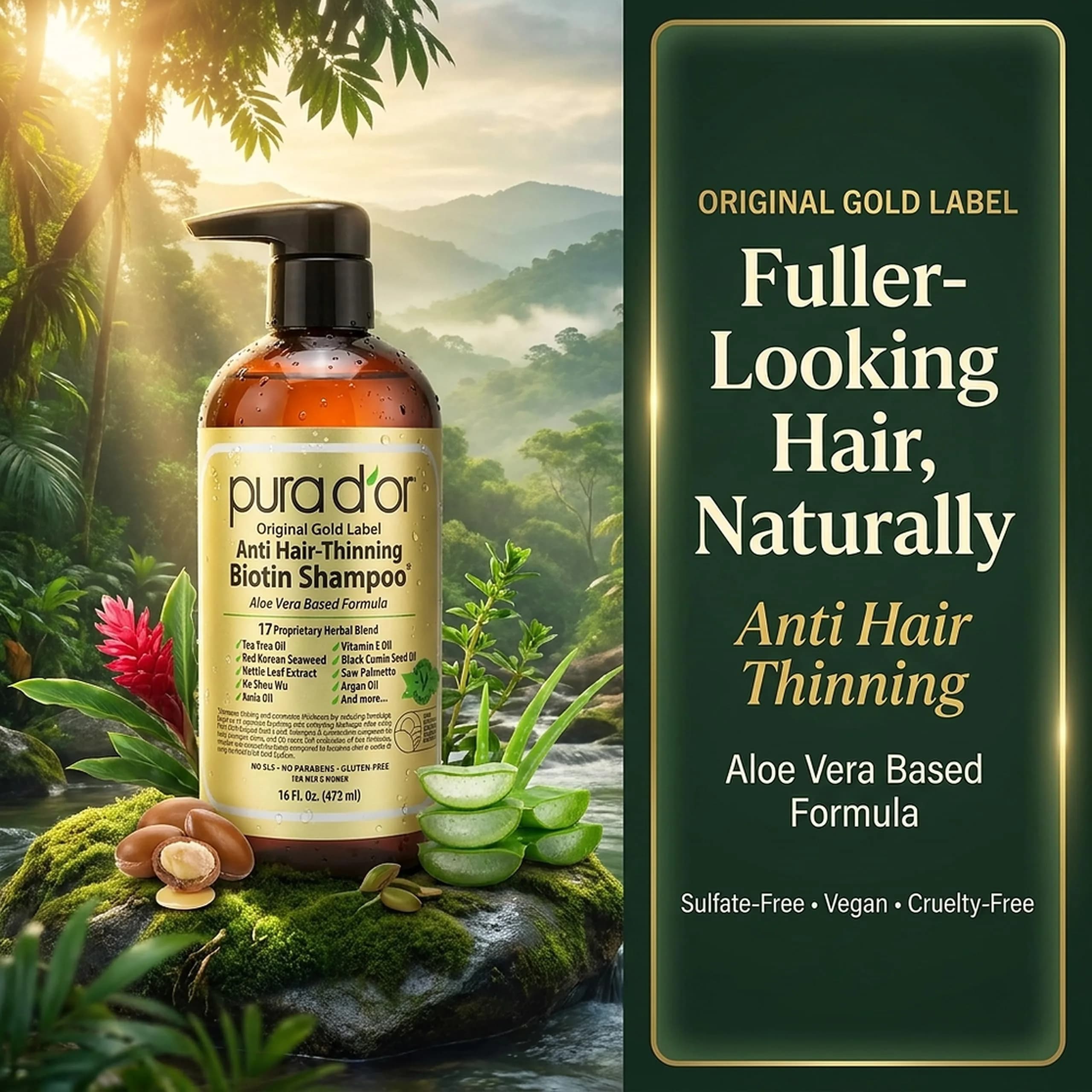 PURA D'OR Original Gold Label Anti-Hair Thinning Biotin Shampoo 473ml (16 Fl Oz) | Clinically Tested Botanical Care - view 7