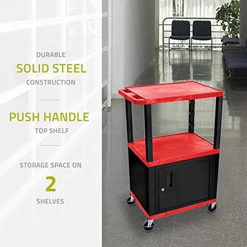 Luxor Multipurpose 42"H Red Audio Video Utility Cart with 3 Shelves, Cabinet - Black Legs thumbnail 4