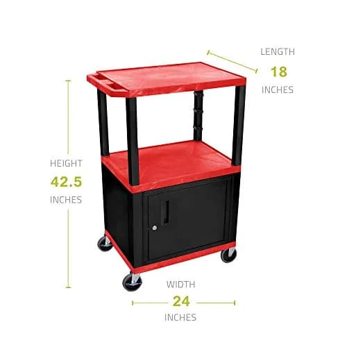 Luxor Multipurpose 42"H Red Audio Video Utility Cart with 3 Shelves, Cabinet - Black Legs thumbnail 2