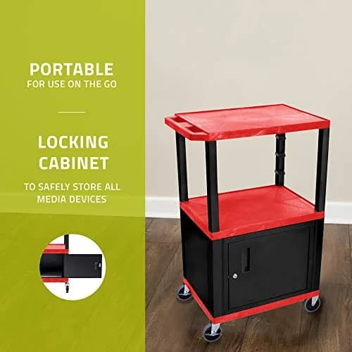 Luxor Multipurpose 42"H Red Audio Video Utility Cart with 3 Shelves, Cabinet - Black Legs thumbnail 3