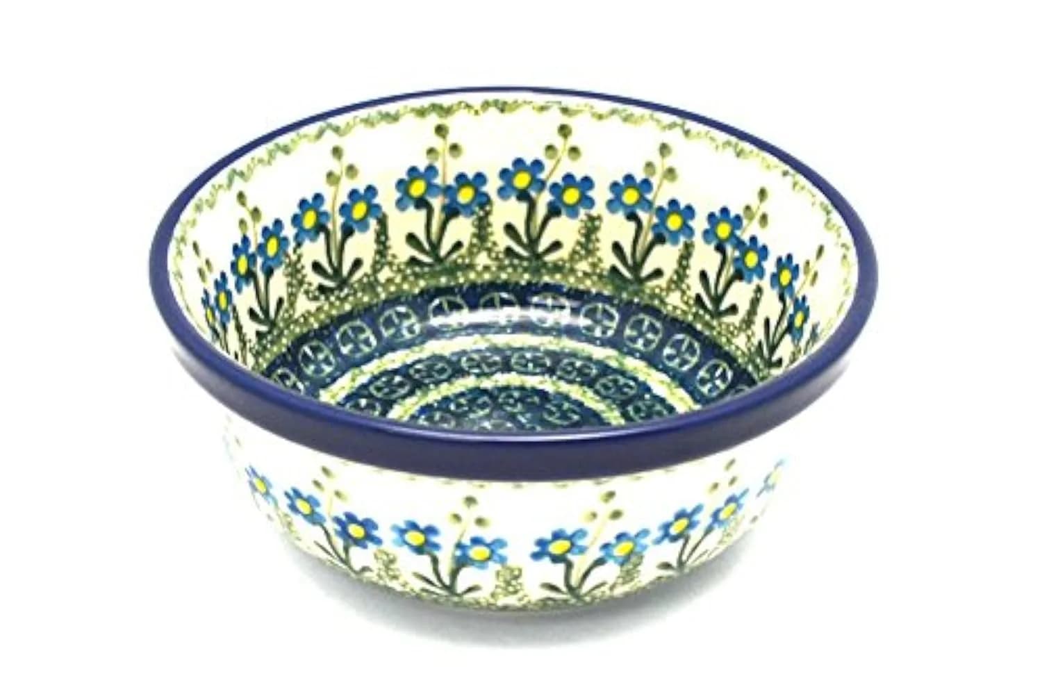 Polish Pottery Bowl - Salad - Blue Spring Daisy | Handmade Polish Stoneware — 614a