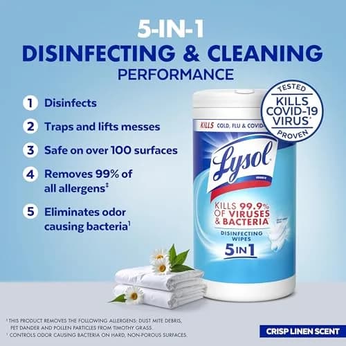 Lysol Disinfecting Wipes Multi-Surface Cleaner Crisp Linen 80 ct | Kills 99.9% of Viruses & Bacteria thumbnail 3