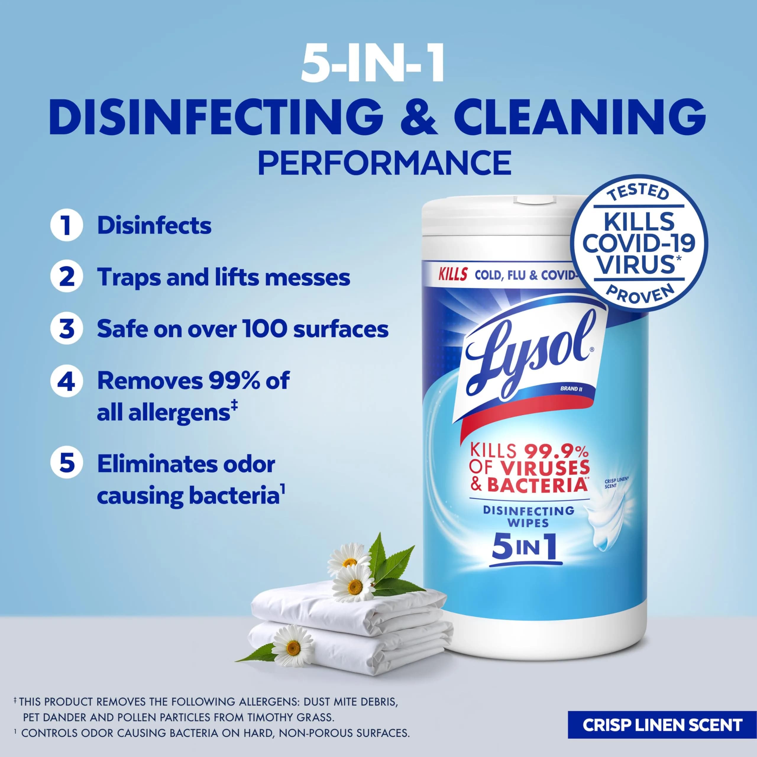 Lysol Disinfecting Wipes Multi-Surface Cleaner Crisp Linen 80 ct | Kills 99.9% of Viruses & Bacteria - view 3