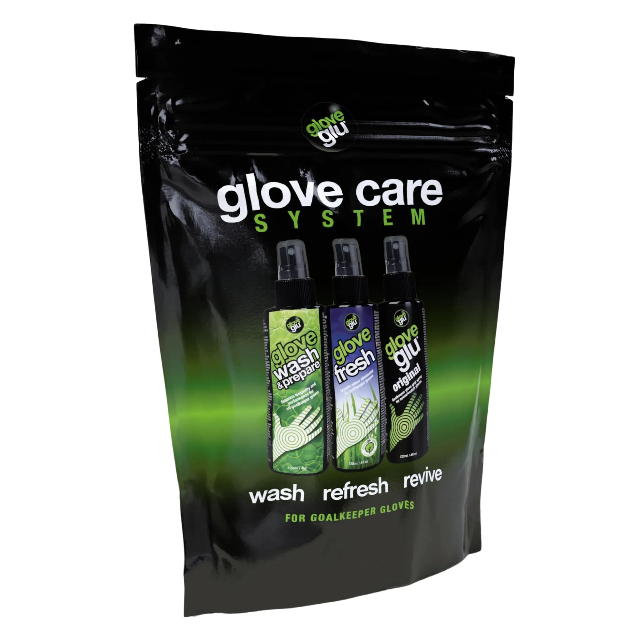gloveglu Glove Care System Bundle | Premium Wash, Fresh Deodorizer & MEGAgrip Spray 4.05 fl oz Each | Goalkeeper Glove Cleaning & Grip Revival System (Pack of 3) — Revive Pack (3 Bottles)