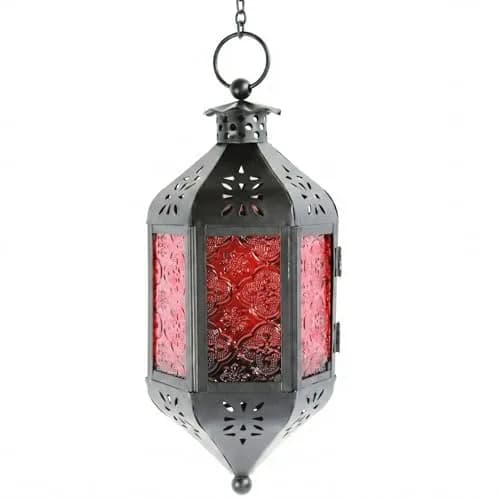 Vela Lanterns Hanging Moroccan Lamp - Exotic Decor, Indoor & Outdoor, 11" Red Glass thumbnail 1