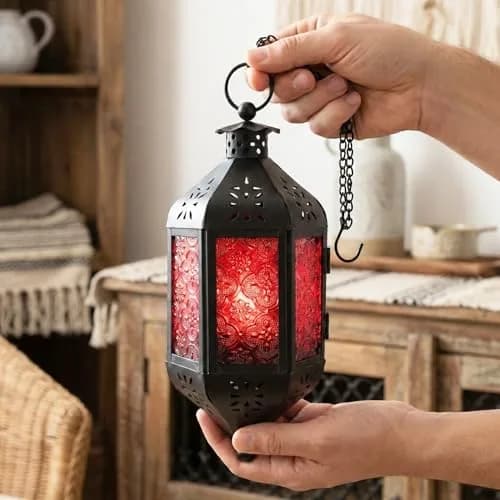 Vela Lanterns Hanging Moroccan Lamp - Exotic Decor, Indoor & Outdoor, 11" Red Glass thumbnail 4