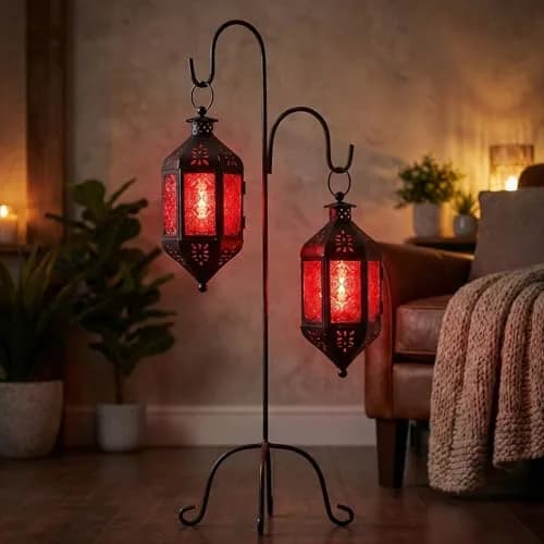Vela Lanterns Hanging Moroccan Lamp - Exotic Decor, Indoor & Outdoor, 11" Red Glass thumbnail 6