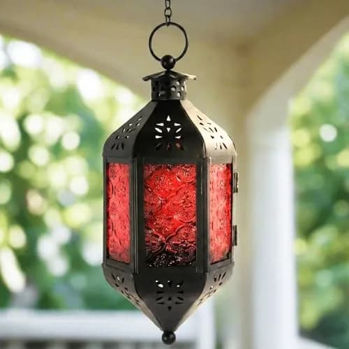 Vela Lanterns Hanging Moroccan Lamp - Exotic Decor, Indoor & Outdoor, 11" Red Glass thumbnail 7