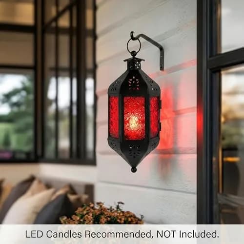 Vela Lanterns Hanging Moroccan Lamp - Exotic Decor, Indoor & Outdoor, 11" Red Glass thumbnail 2