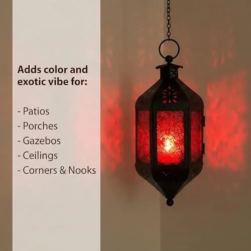 Vela Lanterns Hanging Moroccan Lamp - Exotic Decor, Indoor & Outdoor, 11" Red Glass thumbnail 3