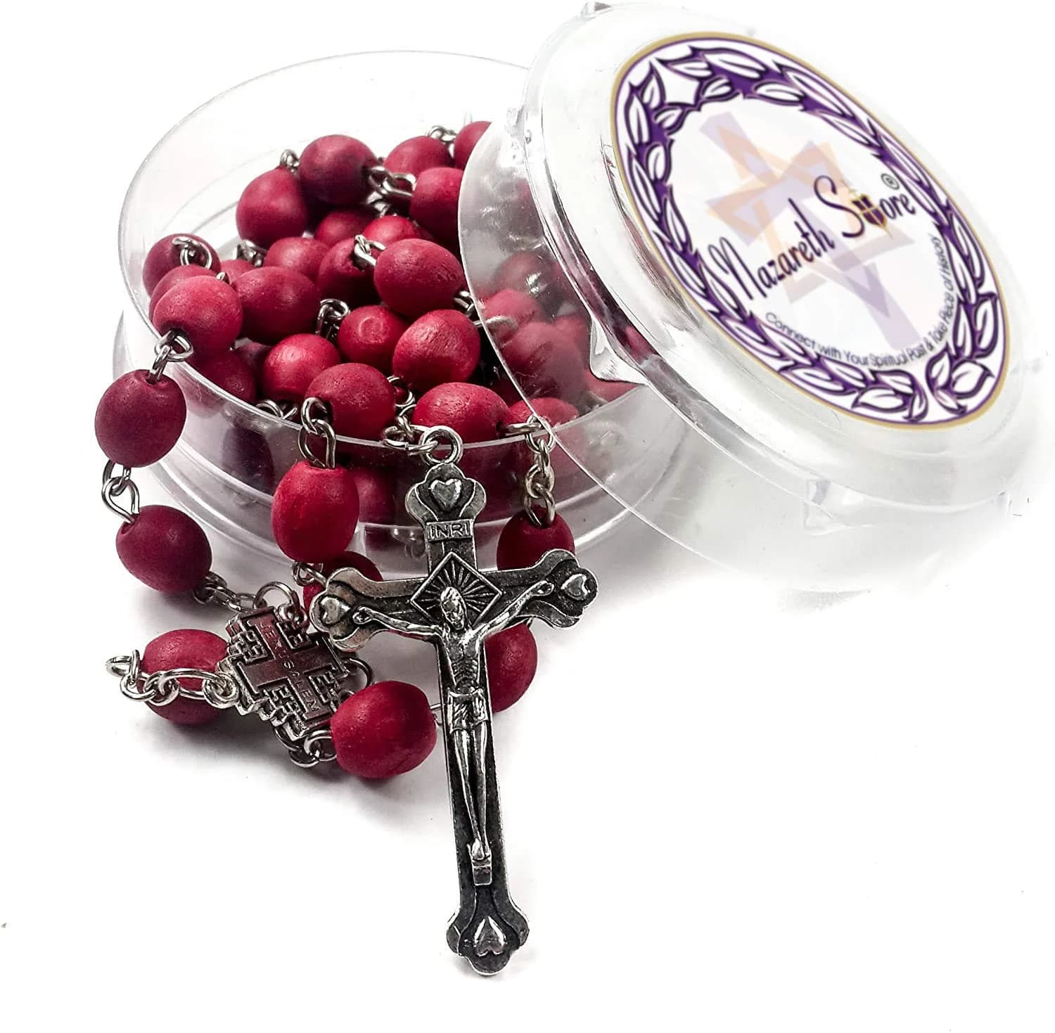 Nazareth Store Rose Petal Red Rosary Necklace | Silver Plated Carved Beads (52cm) — Red