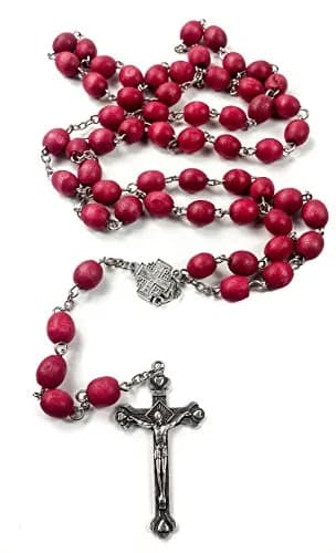 Nazareth Store Rose Petal Red Rosary Necklace | Silver Plated Carved Beads (52cm) thumbnail 2