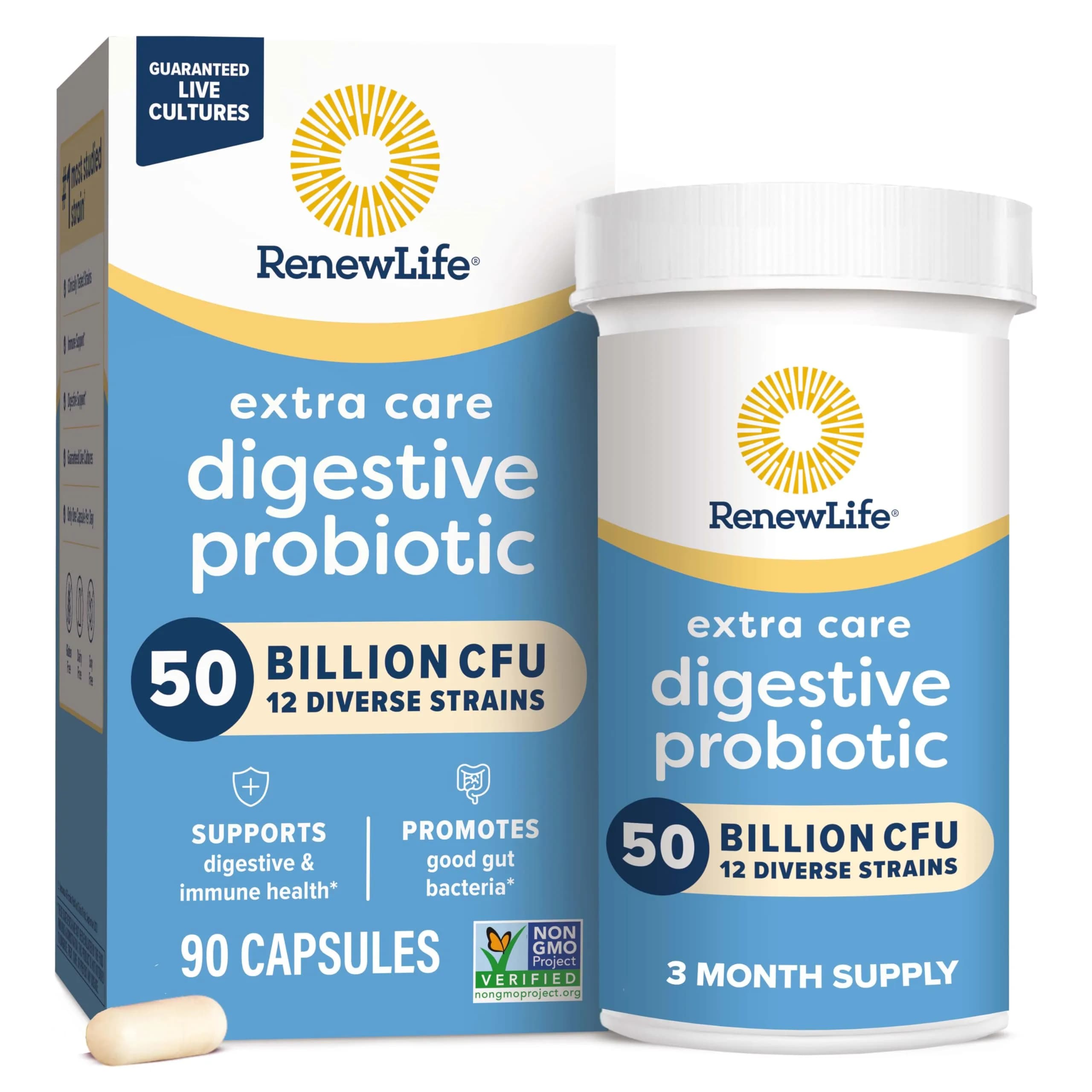 Renew Life Extra Care Digestive Probiotic 50 Billion CFU | Supports Gut, Immunity & Respiratory Health — Brown
