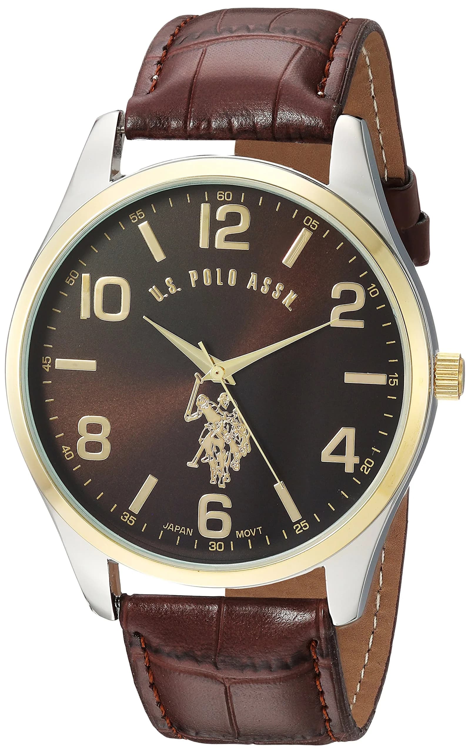 Accutime U.S. Polo Assn. Men's Analog Quartz Watch 44mm Silver-Tone Case Brown Croco-Embossed Strap | Classic Casual Style — brown