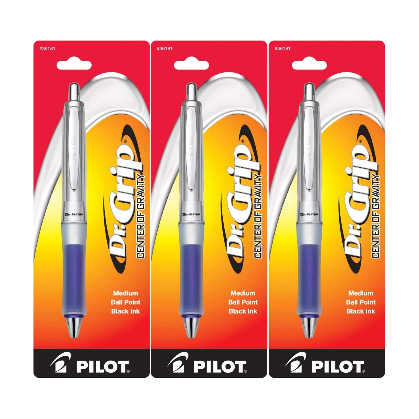 Pilot Dr. Grip Center of Gravity Retractable Ballpoint Pen, Medium Point, Black Ink, Contoured Grip, 10-Pack | Smooth Ink Flow — Pack of 3