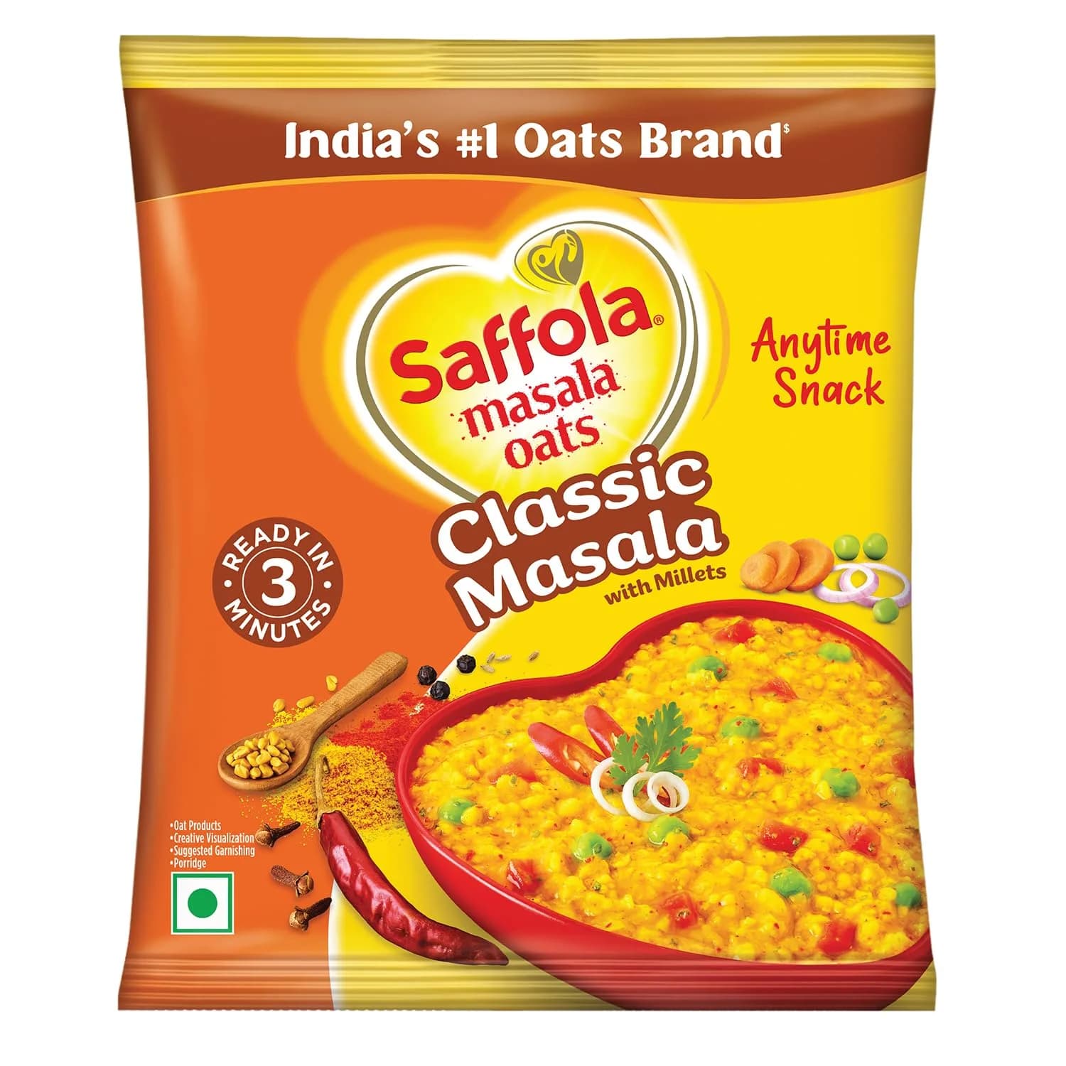 Saffola Classic Masala Oats 39g (1.34 oz) | Ready in 3 Minutes, Vegetarian Indian Breakfast Cereal - main product image