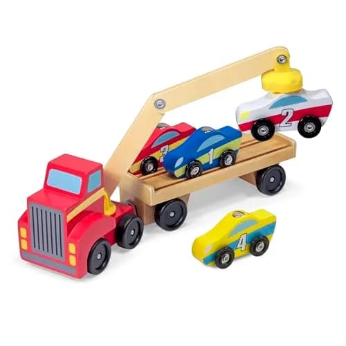 Melissa & Doug Magnetic Car Loader Wooden Toy Set with 4 Toy Cars | Cause-and-Effect & Sorting Play (110 characters) thumbnail 1