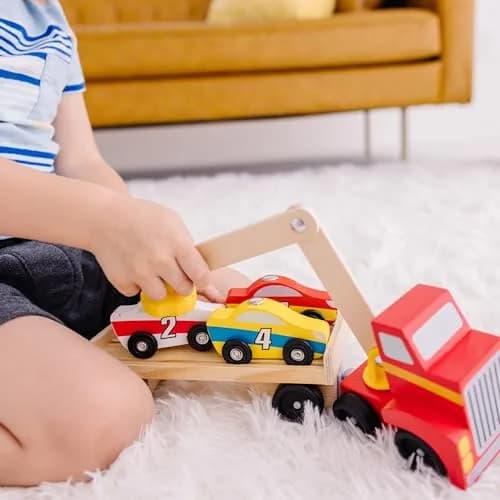 Melissa & Doug Magnetic Car Loader Wooden Toy Set with 4 Toy Cars | Cause-and-Effect & Sorting Play (110 characters) thumbnail 5