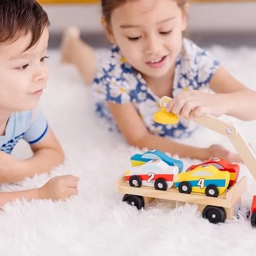 Melissa & Doug Magnetic Car Loader Wooden Toy Set with 4 Toy Cars | Cause-and-Effect & Sorting Play (110 characters) thumbnail 6