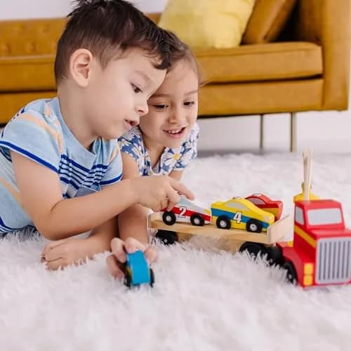 Melissa & Doug Magnetic Car Loader Wooden Toy Set with 4 Toy Cars | Cause-and-Effect & Sorting Play (110 characters) thumbnail 2