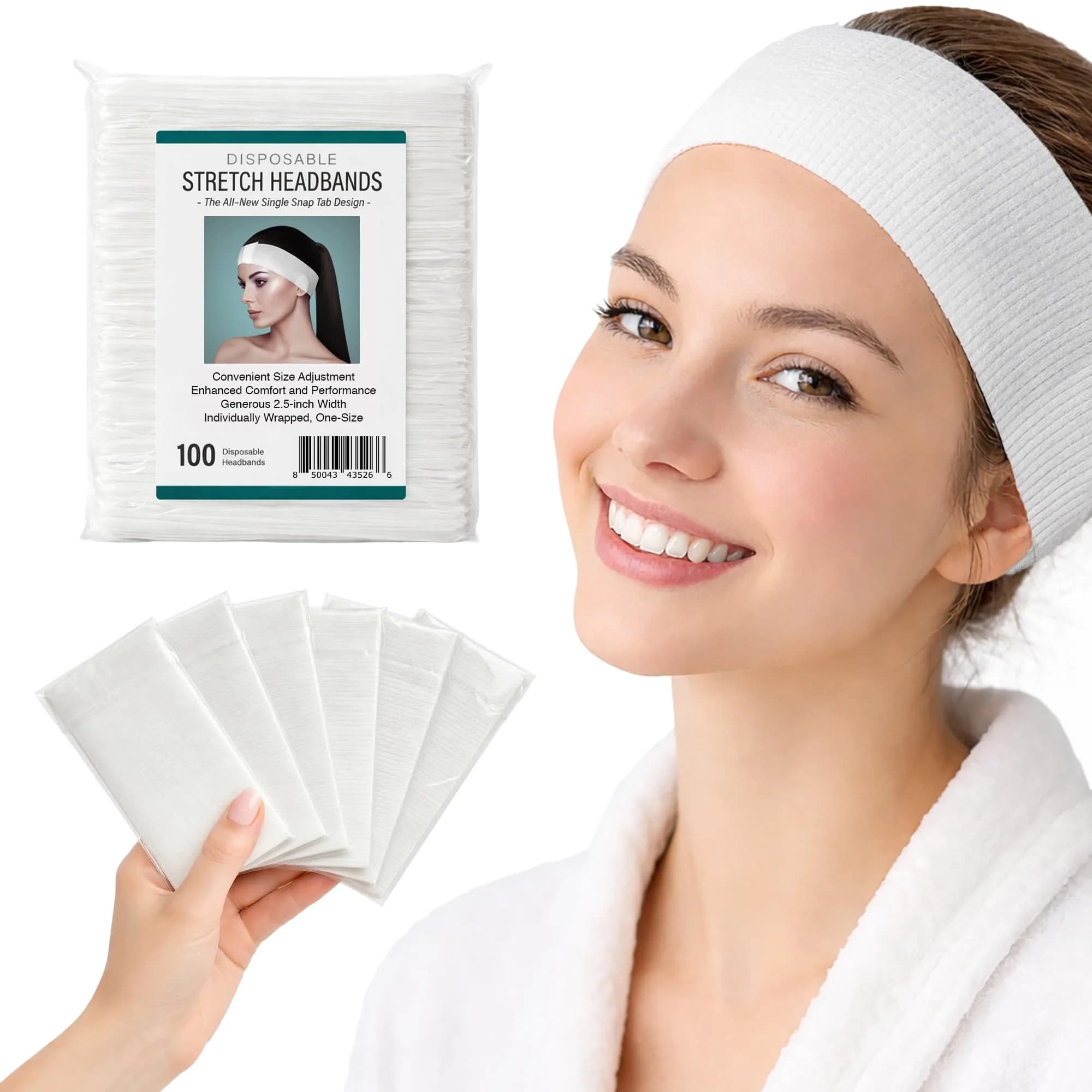 APPEARUS Disposable Facial Headbands, Esthetician, Stretch, 100 Count White | Snag-Free, Full Coverage Fit for Spa & Salon