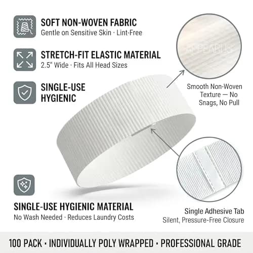 APPEARUS Disposable Facial Headbands, Esthetician, Stretch, 100 Count White | Snag-Free, Full Coverage Fit for Spa & Salon thumbnail 6
