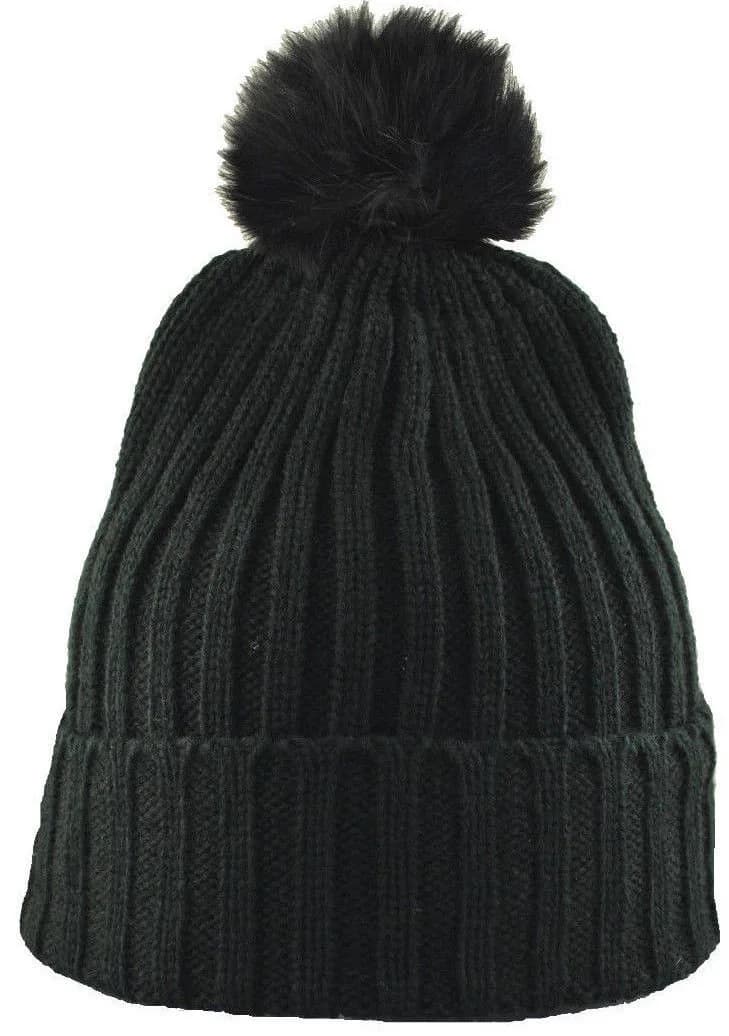 City Hunter Beanie Knit Pom Pom Hat 12" Black | Stretchable, Warm & Stylish for Men — Black