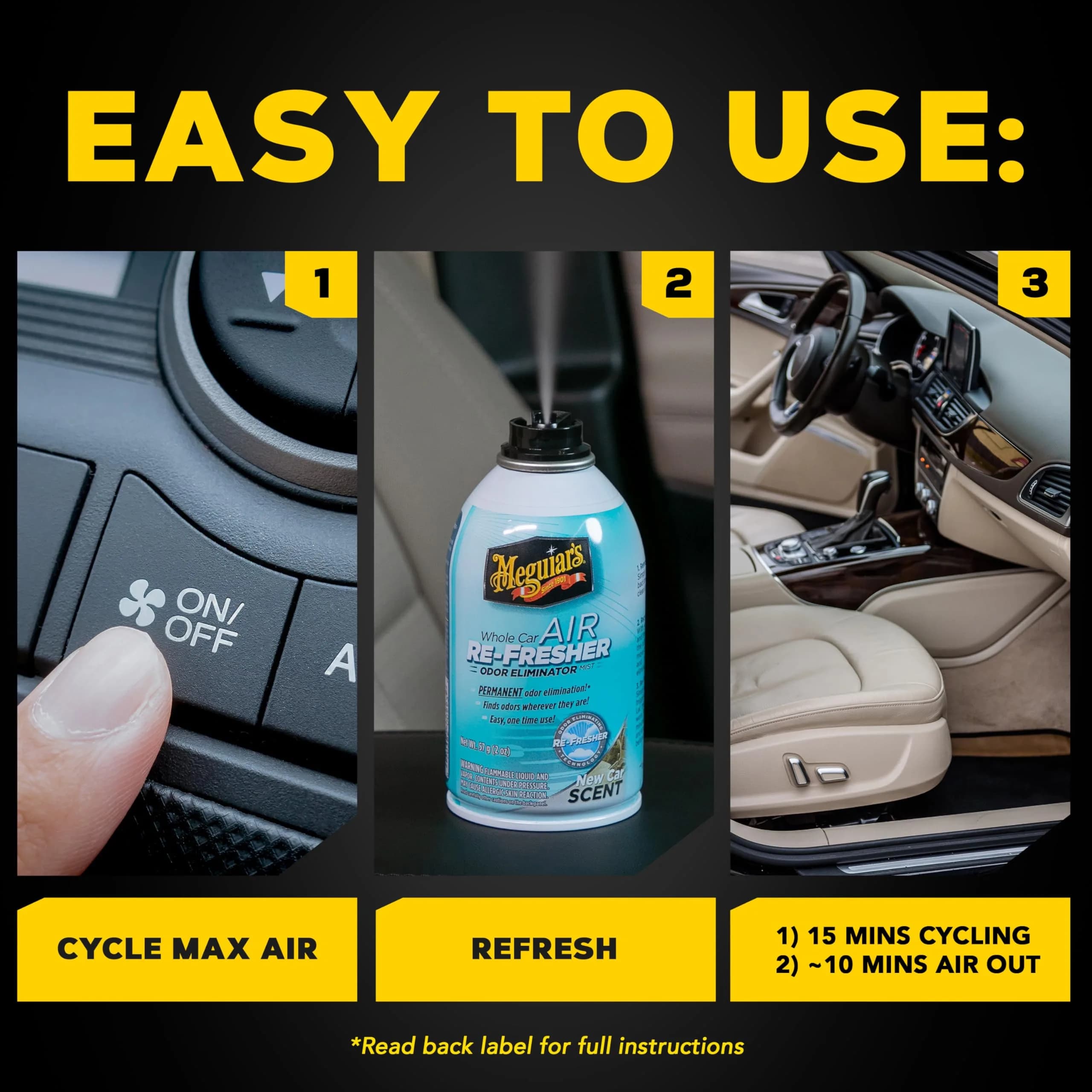 Meguiar's Whole Car Air Re-Fresher Odor Eliminator Mist, New Car Scent, 71ml (2 Fl Oz) | Eliminates Odors at Molecular Level - view 7