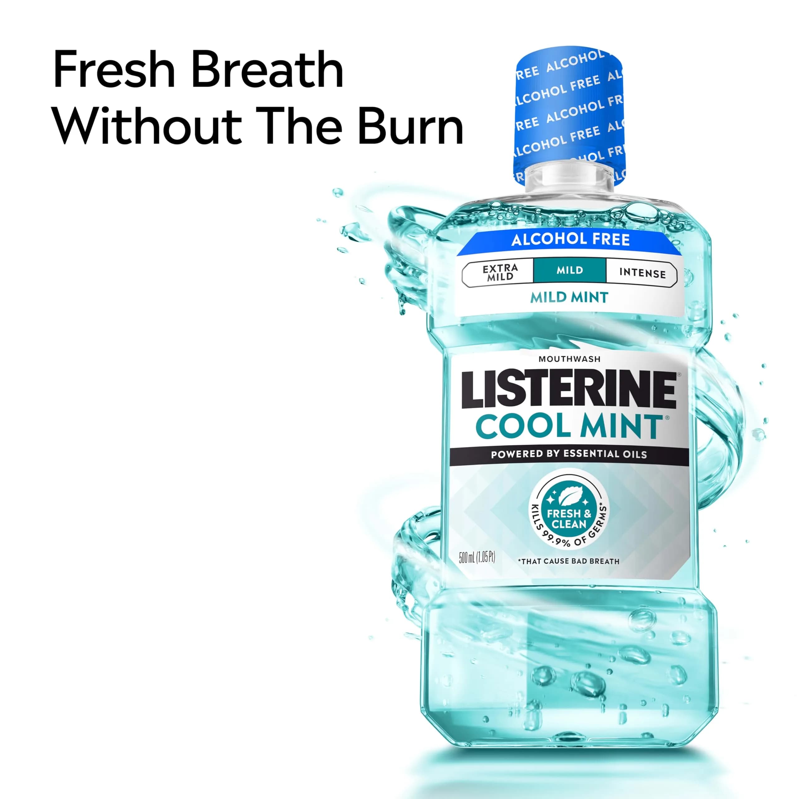 Listerine Cool Mint Alcohol-Free Mouthwash, Mild Mint 500 mL (16.9 Fl Oz) | Kills 99.9% of Bad Breath Germs - view 4