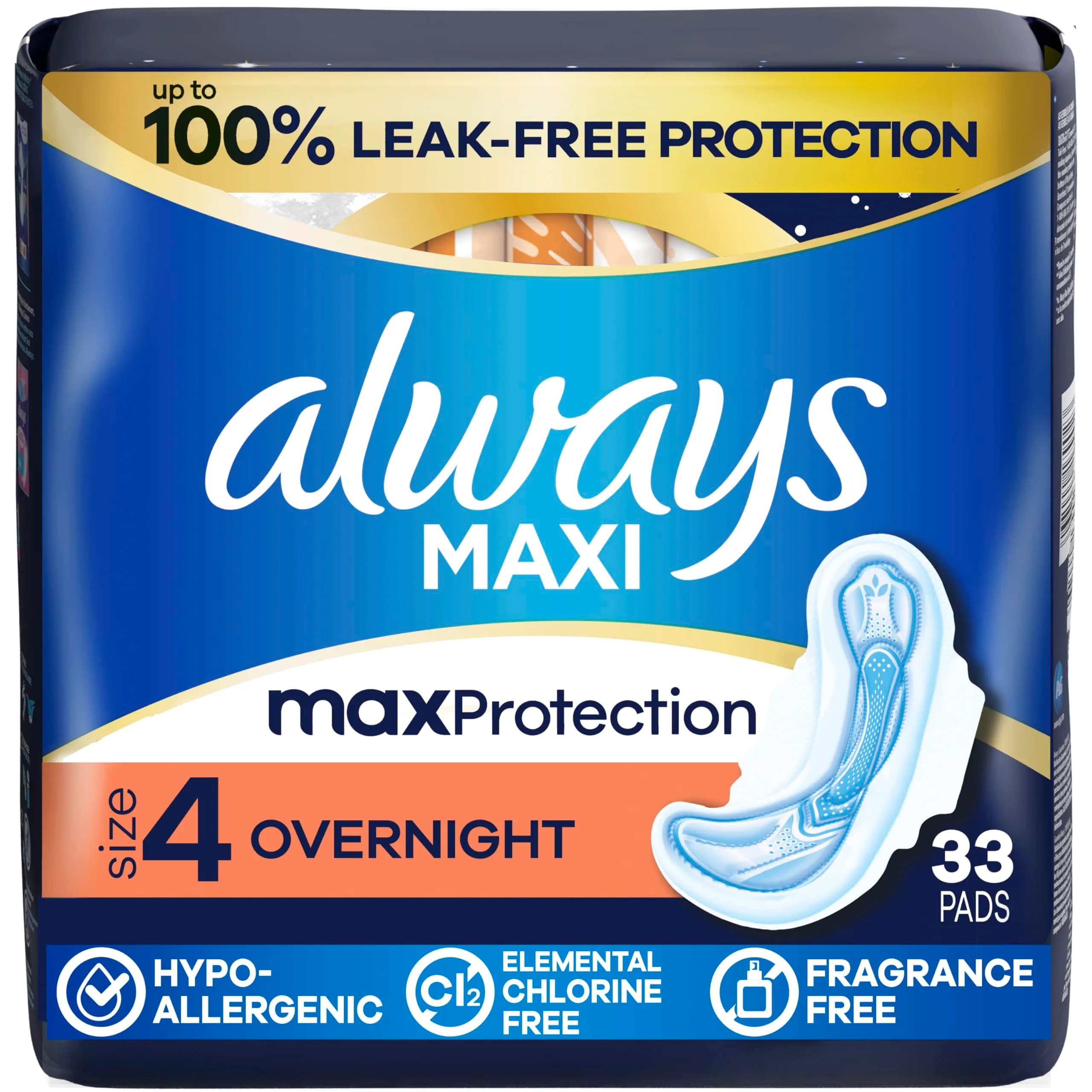 Always Maxi Overnight Pads with Wings Size 4 | Leak-Free Night Protection — Overnight (Size 4)