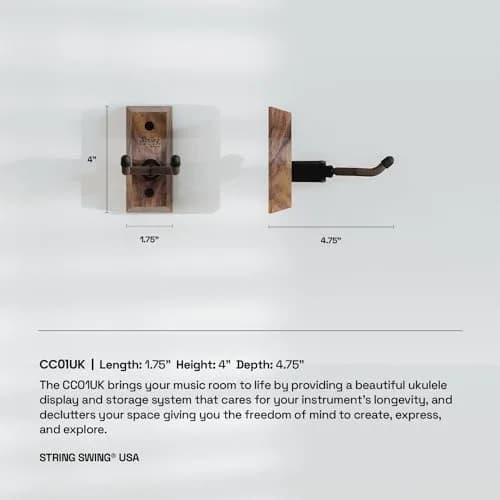 String Swing Black Walnut Ukulele Hanger | Made in USA Hardwood Wall Mount for Soprano, Concert, Baritone Ukuleles & Mandolins thumbnail 6