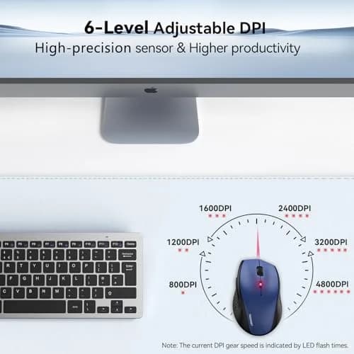 TECKNET Wireless Mouse, 4800 DPI Ergonomic Computer Mouse, Blue | 6 Levels Adjustable DPI & 6 Buttons thumbnail 4