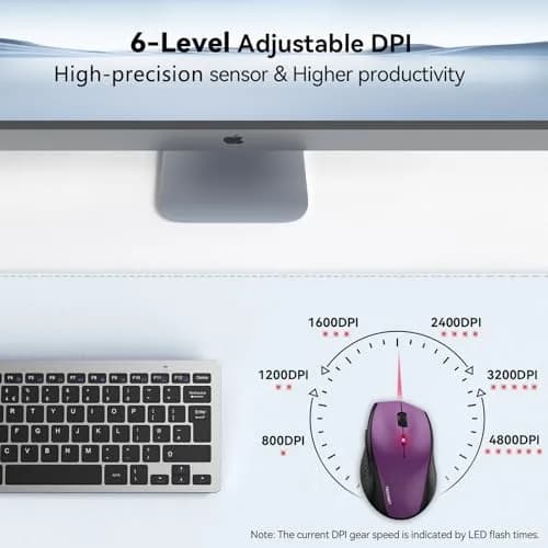 TECKNET 2.4G Wireless Mouse, 4800 DPI Ergonomic Computer Mouse, USB, Purple | 6 Levels Adjustable DPI & 6 Buttons thumbnail 3