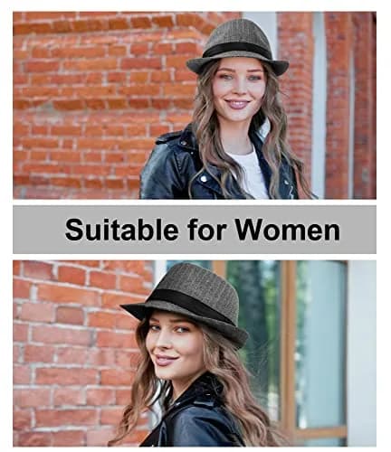 Simplicity Fedora Hats for Women Unisex Structured Gangster Trilby Felt Pinstripe Fedora Hats for Men, Grey | Classic unisex style with iconic teardrop crease thumbnail 6