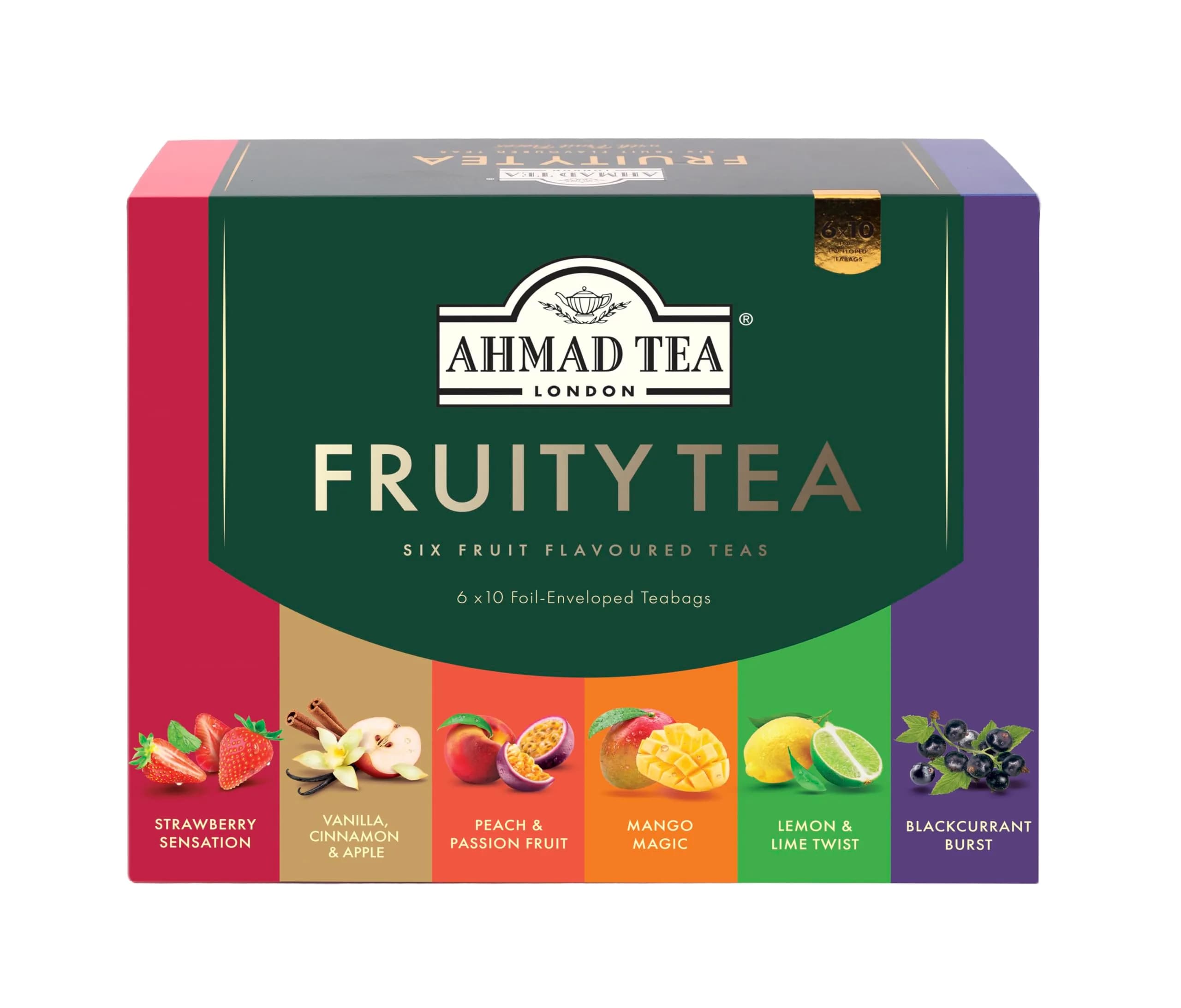 Ahmad Tea Black & Green Tea, Fruitytea Assorted Sampler, 60 Foil Teabags | Sugar-Free & Caffeinated — Fruitytea Variety